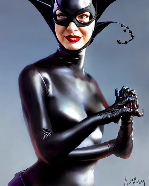 Image similar to medium - shot oil portrait of catwoman played by michael keaton, artstation, highly detailed digital painting, smooth, global illumination, fantasy art by greg rutkowsky, karl spitzweg, leyendecker