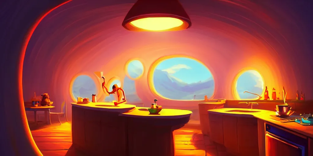 Prompt: naive nerikomi, weird perspective, extra narrow, detailed illustration of a kitchen dim lit by flashlight in a scenic spiral environment by rhads from lorax movie, trending artstation, true color