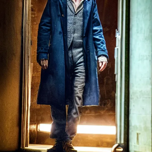 Image similar to tom holland as a rough dirty old man with a scruffy beard in a dark blue trenchcoat as the new doctor who, cinematic, volumetric lighting, f 8 aperture, cinematic eastman 5 3 8 4 film, photorealistic