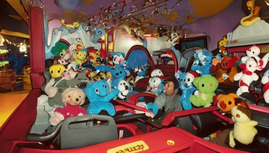 Prompt: 1990s photo of inside the Haunted Beanie Babies ride at Universal Studios in Orlando, Florida, riding a Beanie Baby through a haunted world , cinematic, UHD