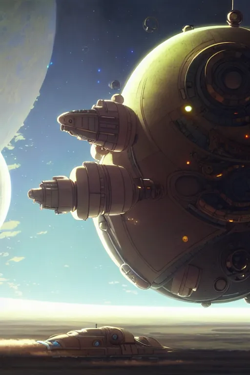 Image similar to steampunk spaceship infront of a planet, exquisite details, denoised, mid view, by karl kopinski, artsation, greg rutkowski, makoto shinkai, takashi takeuchi, studio ghibli