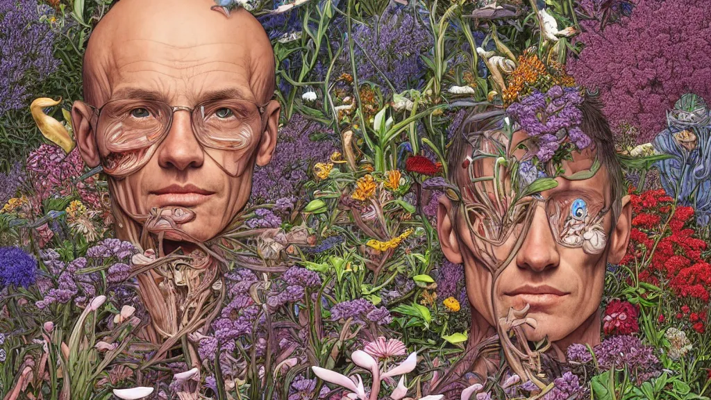 Image similar to highly detailed illustration of a human anatomy head surrounded by all the known species of flowers by juan gatti, by moebius!!, by oliver vernon, by gottfried bammes, by joseph moncada, by damon soule, by manabu ikeda, by kyle hotz, by dan mumford, by kilian eng