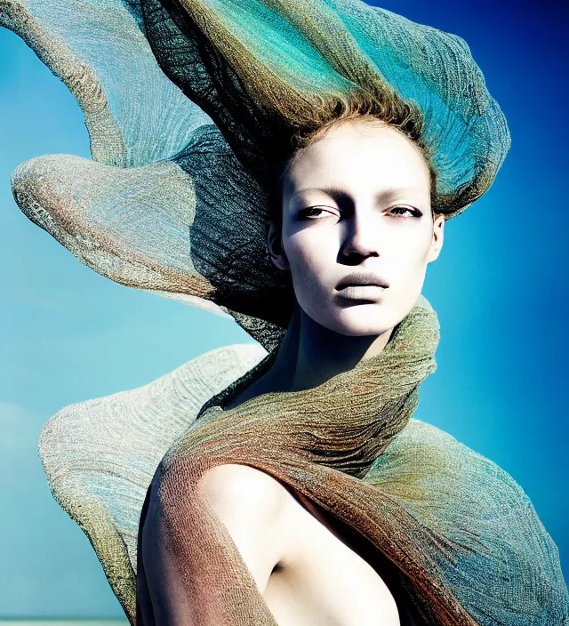 Image similar to photography face portrait of one stunning woman in white beach ocean, wearing one organic futurist shawl designed by iris van herpen,, creative colorfull - makeup, curly hair style halflong, photography by paolo roversi nick knight, helmut newton, avedon, and araki, sky forest background, natural pose, highly detailed, skin grain detail