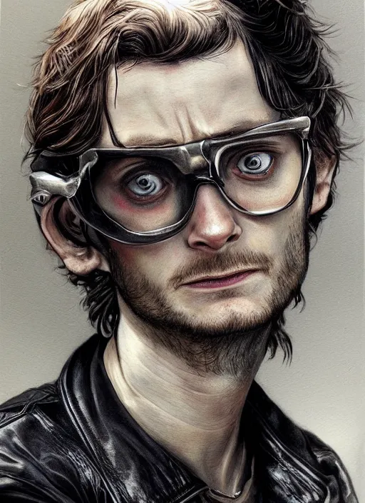 Image similar to portrait of elijah wood, gritty, dark, wearing a leather jacket, very detailed eyes, hyperrealistic, very detailed painting by Glenn Fabry, by Joao Ruas, by Artgerm