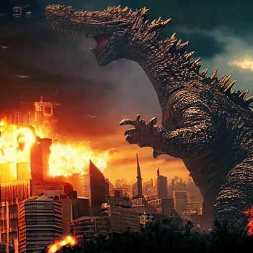 Prompt: photograph of Godzilla destroying a futuristic city, military helicopters in the sky, smoke and destruction, highly detailed, photorealistic