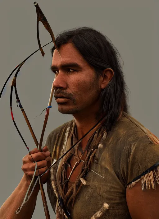 Prompt: portrait painting of a 3 0 year old rugged indigenous aboriginal male, hunting clothing, bow and arrow, long hair, rugged, unreal render cinematic lighting, rutkowski