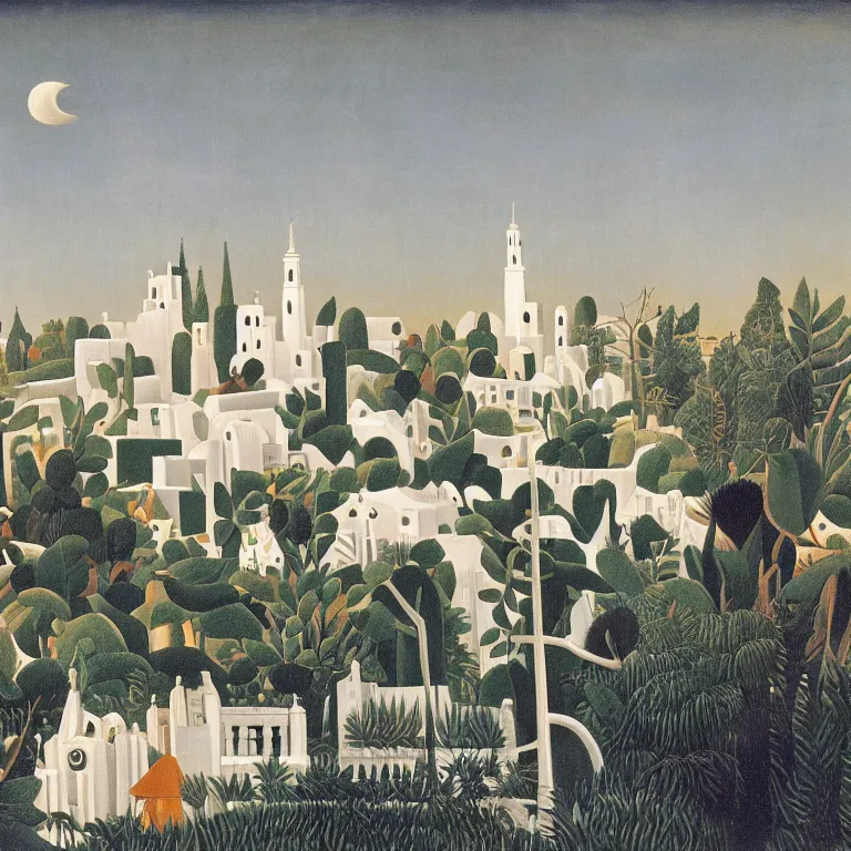 Prompt: a sprawling white fantastical city on the edge of a black hole, painted by henri rousseau