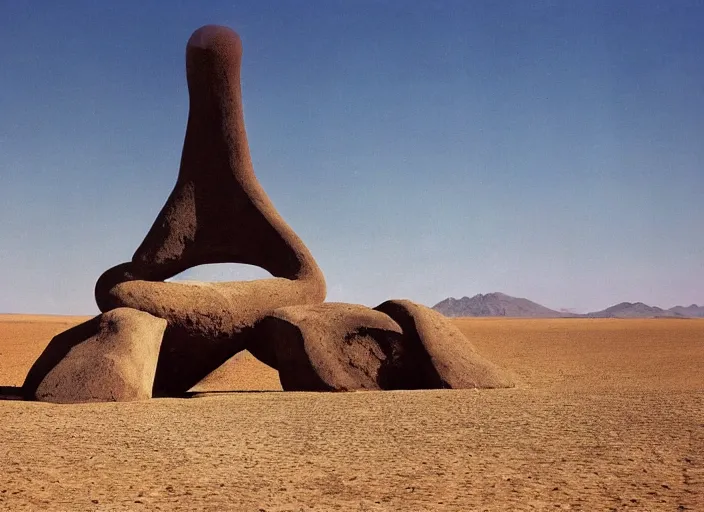 Image similar to strange pagan giant monument in the middle of a desert by salvadore dali and rene magritte