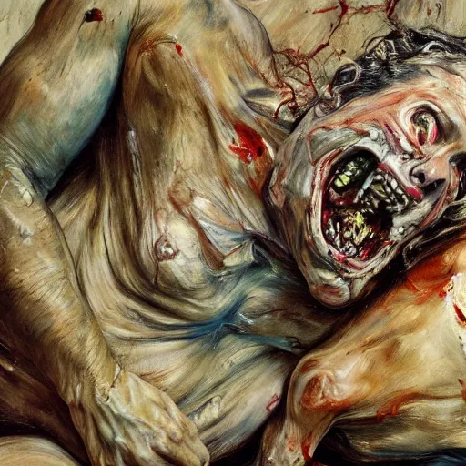 Image similar to high quality high detail painting by lucian freud and jenny saville, hd, zombie, mutation, turquoise