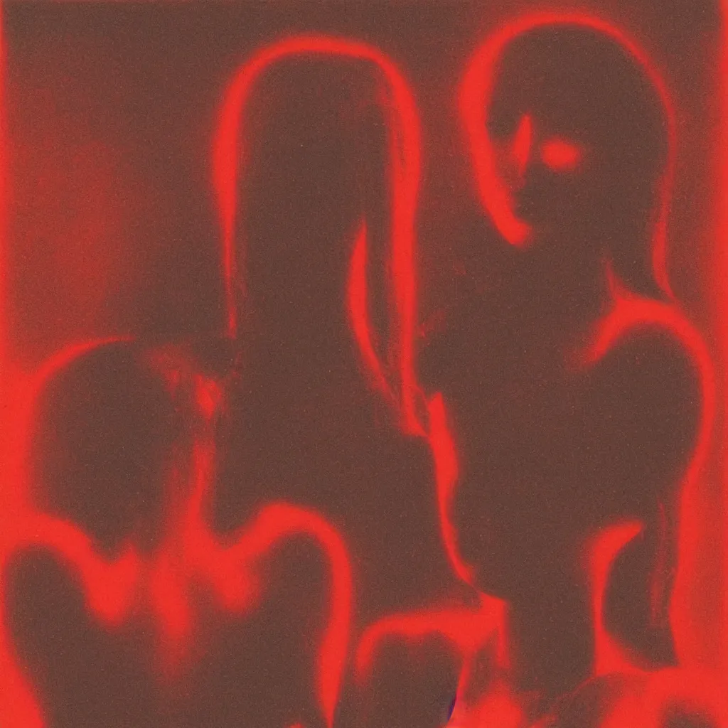 Prompt: analog vintage photography portrait polaroid of a beautiful futuristic chrome female soul faceless humanoid seraphim form, red color bleed, heavy film grain, bloom, glow