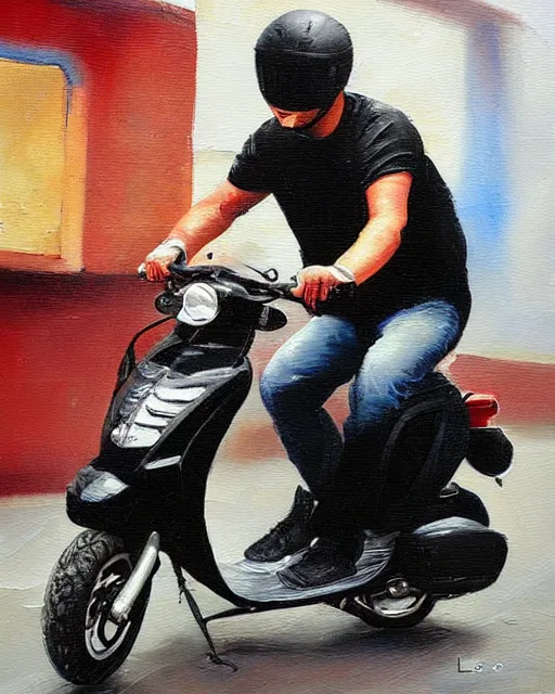 Image similar to kayne riding moped, aged oil painting by le pho