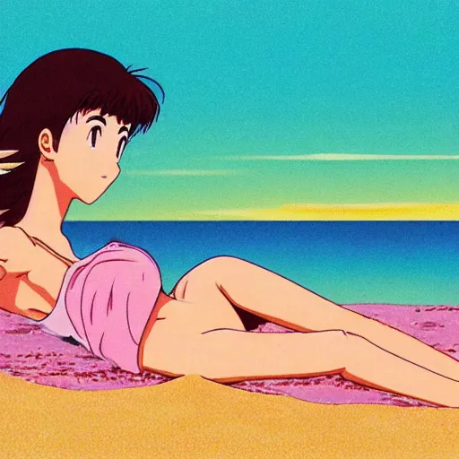 Image similar to girl laying in the sand next to ocean in sunset, sprite, vaporwave nostalgia, directed by beat takeshi, visual novel cg, 8 0 s anime vibe, kimagure orange road, maison ikkoku, initial d, sketch by osamu tezuka, directed by hideki anno