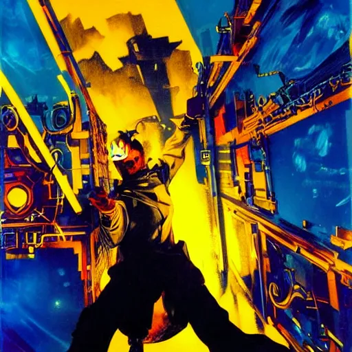Prompt: portrait of the hacker cyberpunk magician in a dramatic jojo pose tarot card, golden blue outfit, oil on canvas by yoji shinkawa and esao andrews and ryuichi sakamoto