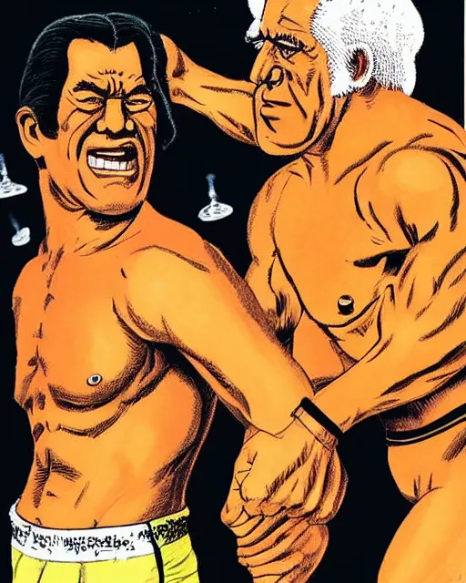 Prompt: incredible realistic antonio inoki vs ric flair, ( hyperreal detailed facial features and uv lighting, art by ed roth and basil wolverton )