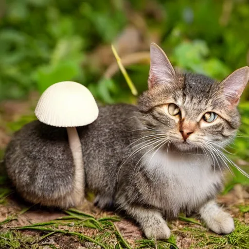 Image similar to a small domestic housecat with a mushroom growing atop its head