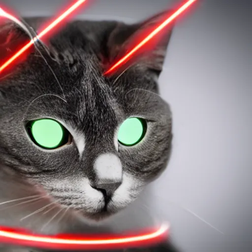 Image similar to Still of a mechanical chrome metallic cat with glowing red eyes staring at the camera, red lens flare