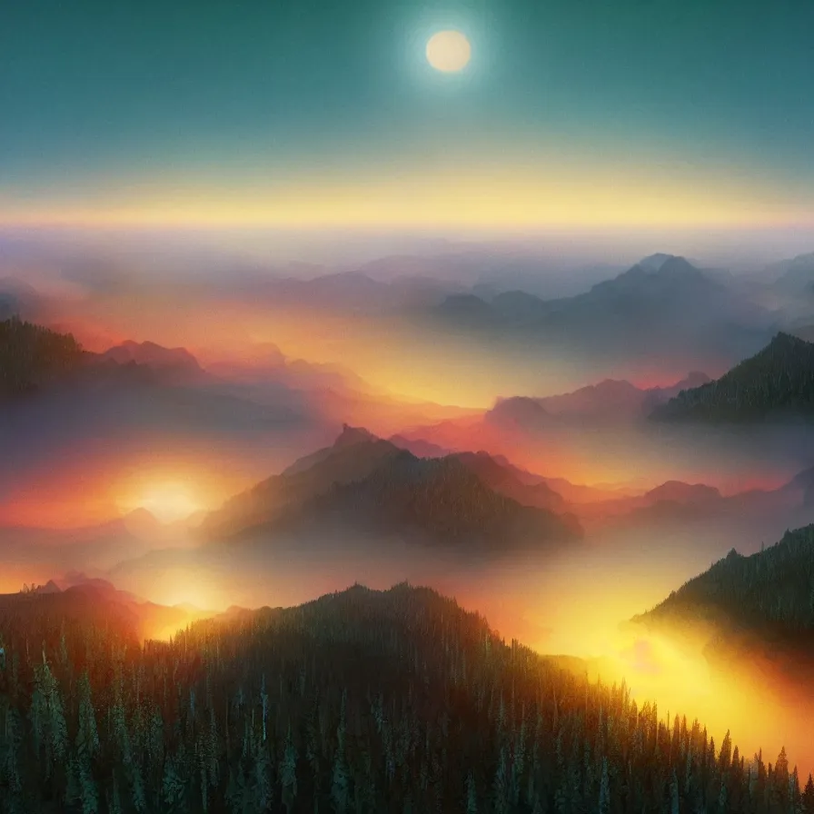 Prompt: surrealist semiabstract rendition of a single epic highway road going down to the horizon through a thick pine forests and rocky mountain coasts plunging into an immense sunset. bird view, atmospheric foggy landscape, psychedelic, ultra realistic, modern art, photorealistic, octane render, by nori inoguchi and sam kaplan and zachary goulko and christopher marley