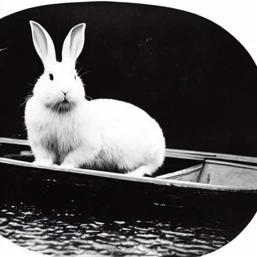 Prompt: a victorian photograph of a white rabbit on a rowboat