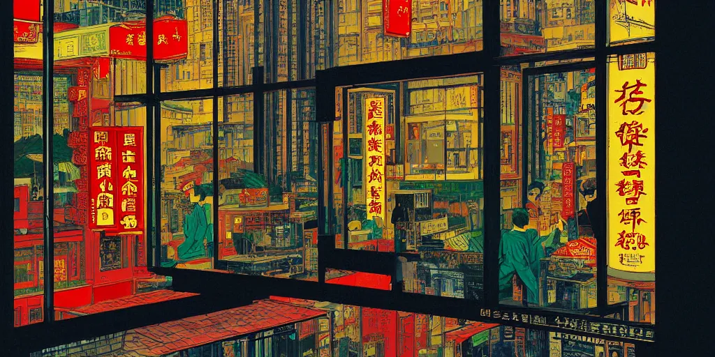 Prompt: a window view, through the window is another shop window in hong kong, by dan mumford and peter doig and edward hopper, minimal, black in, thick lines highly detailed, muted colours, overlaid with chinese adverts, 8 k