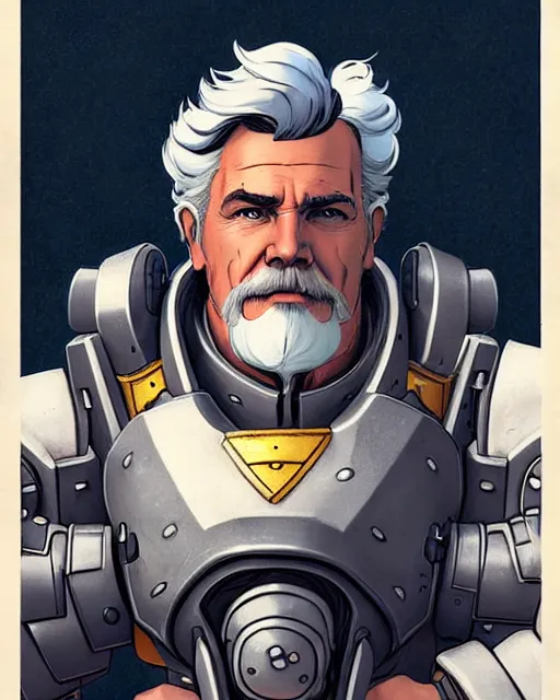 Image similar to reinhardt from overwatch, josh brolin, gray hair and beard, character portrait, portrait, close up, concept art, intricate details, highly detailed, vintage sci - fi poster, retro future, in the style of chris foss, rodger dean, moebius, michael whelan, and gustave dore