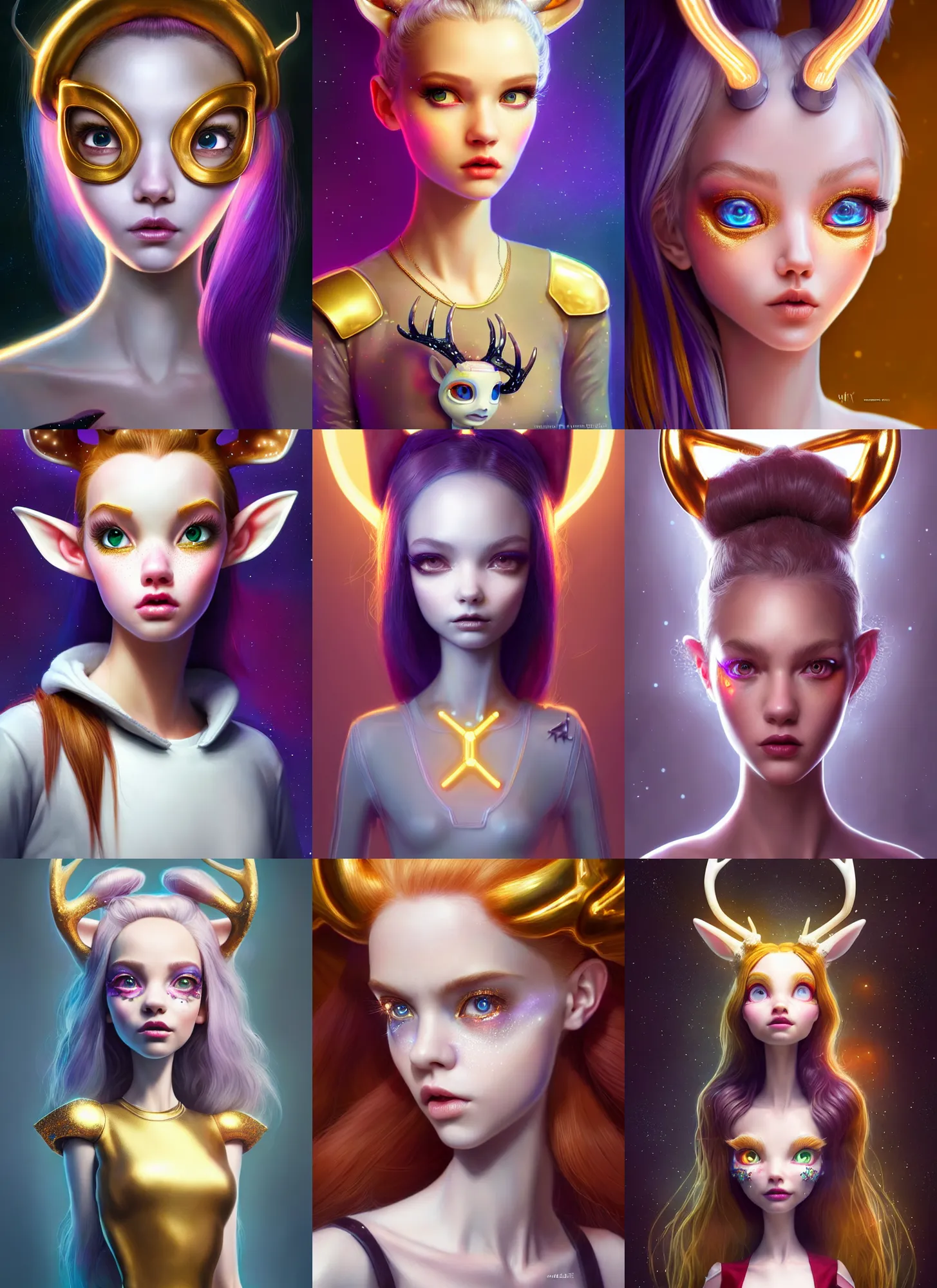 Prompt: pixar portrait 8 k photo, beautiful shiny white porcelain rich galactic deer clowncore russian cyborg college girl, golden ratio details, sci - fi, fantasy, cyberpunk, intricate, decadent, highly detailed, digital painting, ever after high, octane render, artstation, concept art, smooth, sharp focus, illustration, art by artgerm, loish, wlop