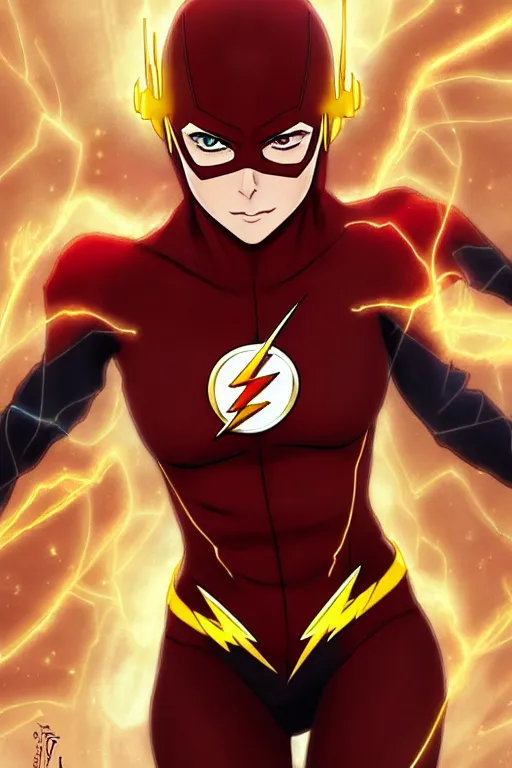 Image similar to anime key visual of a beautiful female the flash!! intricate, red, black, gold suit, powers, speed, lightning hate, dc comics, cinematic, stunning, highly detailed, digital painting, artstation, smooth, hard focus, illustration, art by artgerm and greg rutkowski and alphonse mucha
