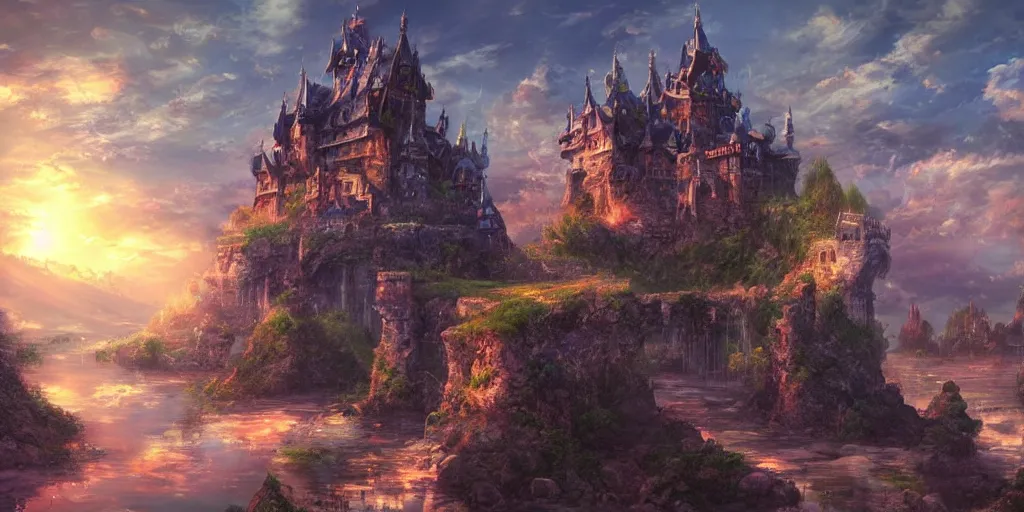 Prompt: fantasy anime landscape, castle, populated, digital art