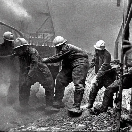 Prompt: an image of a group of men mining in a coal mine, in a medium full shot, russian and japanese mix, high - key lighting, warm lighting, overcast flat midday sunlight, a vintage historical fantasy 1 9 8 2 photo from life magazine.