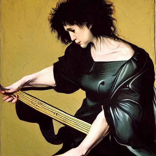 Prompt: St. Vincent playing electric guitar by Caravaggio and Jason Shawn Alexander