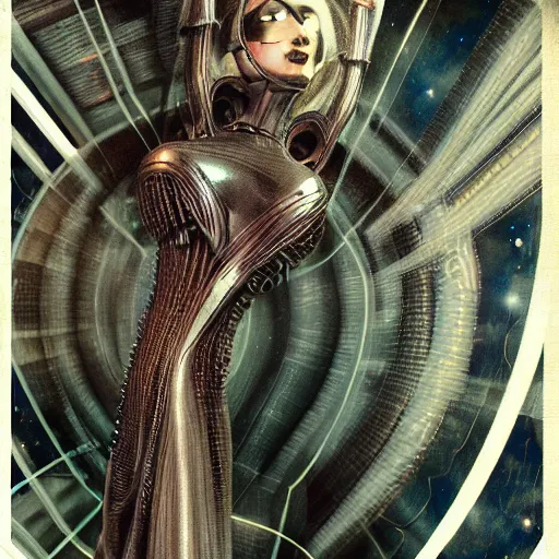 Image similar to Art Nouveau pulp sci fi magazine painting with no text, 1920s space costume designed by HR Giger, octane render, b3d, trending on artstation, cool earth tones