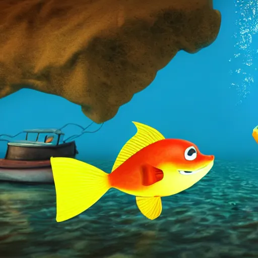 Image similar to a 3d render of two fish underwater, with a boat on top of the sea , in the style of a pixar cartoon, disney cartoon