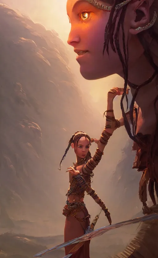 Image similar to highly detailed portrait of beautiful female warrior in avatar, dynamic pose, stephen bliss, unreal engine, fantasy art by greg rutkowski, loish, rhads, ferdinand knab, makoto shinkai and lois van baarle, ilya kuvshinov, rossdraws, tom bagshaw, global illumination, radiant light, detailed and intricate environment