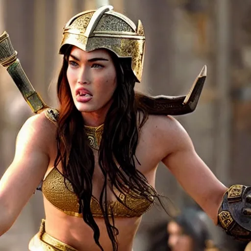 Prompt: megan fox as the greek goddess athena in battle, scene from live action movie