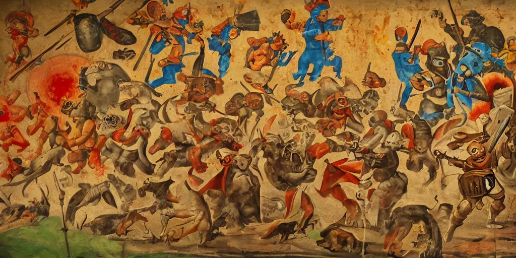 Image similar to Medieval fresco of the Doom Slayer from Doom Eternal fighting and shooting a hord of Teletubbies in hell, 4k, painted in 1530