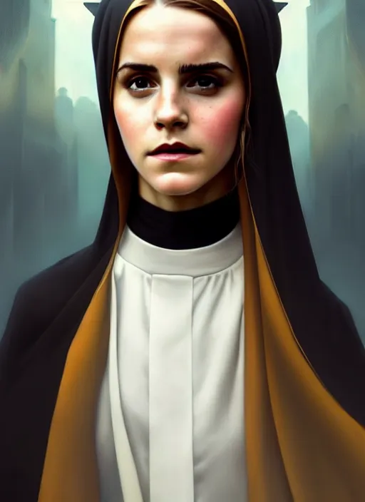 Prompt: portrait of emma watson as sultry nun, catholic, church, cross, intricate, headshot, highly detailed, digital painting, artstation, concept art, sharp focus, cinematic lighting, illustration, art by artgerm and greg rutkowski, alphonse mucha, cgsociety