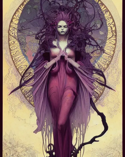 Prompt: centered portrait of a angry rotten beautiful female growing ornamentation all around, ornate, ornaments, detailed, symmetrical, end of the world, elegant, beautifully soft lit, by wayne barlowe, peter mohrbacher, kelly mckernan, alphonse mucha