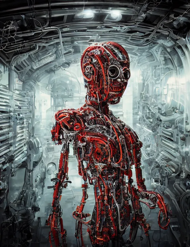 Image similar to cyborg in the data center, wired to the equipmen, red biomechanical details, wearing epic bionic cyborg implants, inflateble shapes, masterpiece, intricate, biopunk, highly detailed, artstation, concept art, cottage core, cinematic focus, polaroid photo, bleached, vintage, high - key lighting, soft lights, foggy, by tarkovsky, 8 k