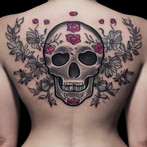 Prompt: flower skull back tattoo