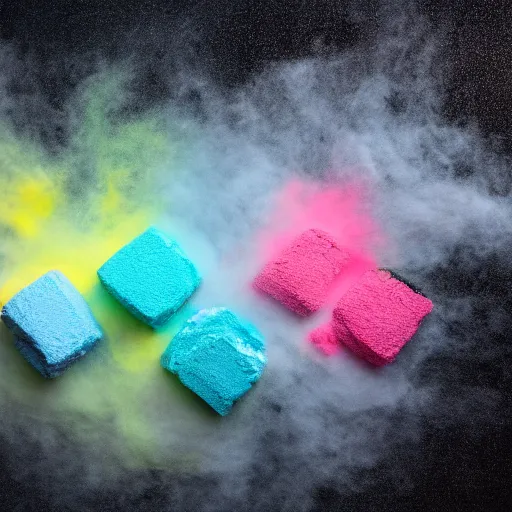 Prompt: clashing powder, colored powder, chalk, studio lighting, explosive, black background