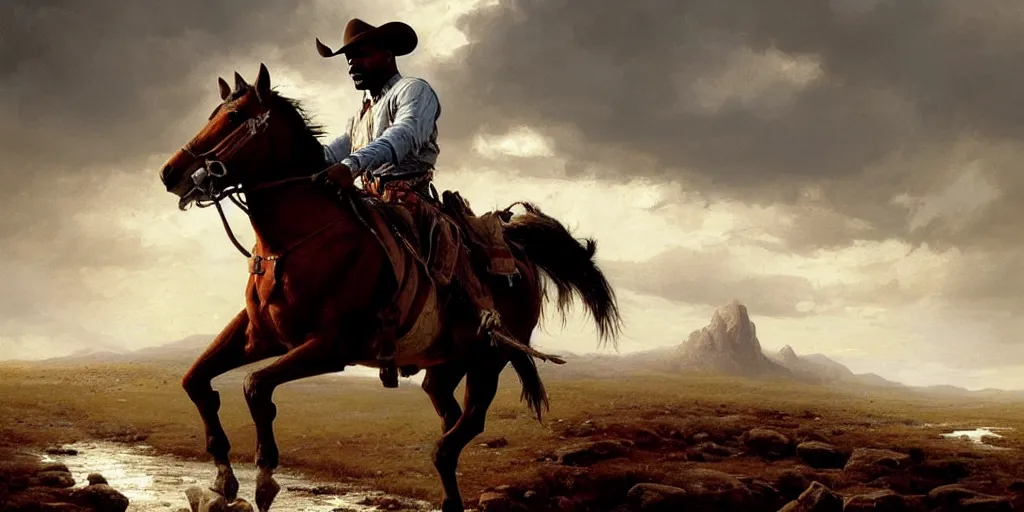 Prompt: face close - up jamie foxx as a cowboy on his horse is crossing american plains with a small riverbed, mountaineous background, cloudy day, highly detailed, digital art, by greg rutkowski, by albert bierstadt