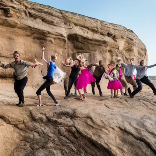 Image similar to group of people dancing and falling down a cliff