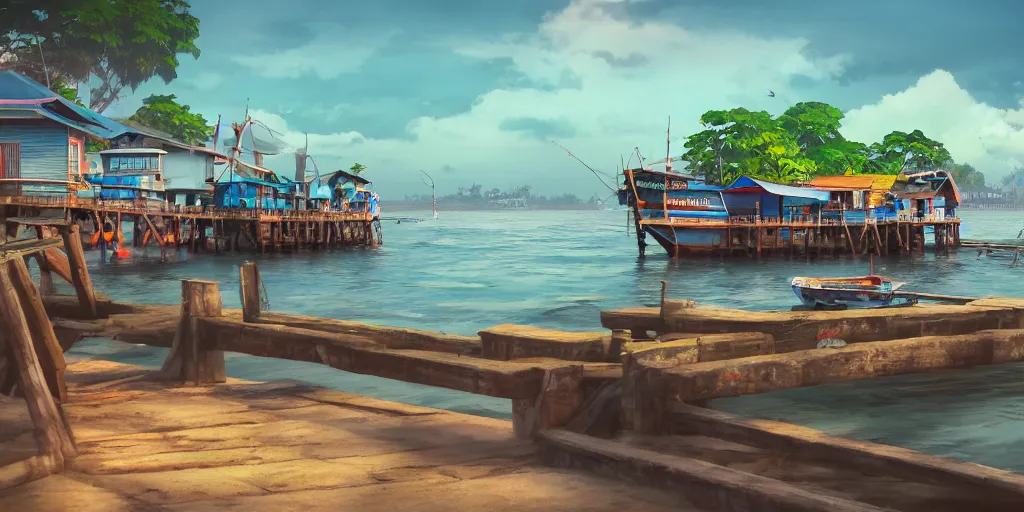 Prompt: pulau indah jetty fishing town in the morning, detailed matte painting, low angle view, telephoto lens, bokeh, studio ghibli, artstation