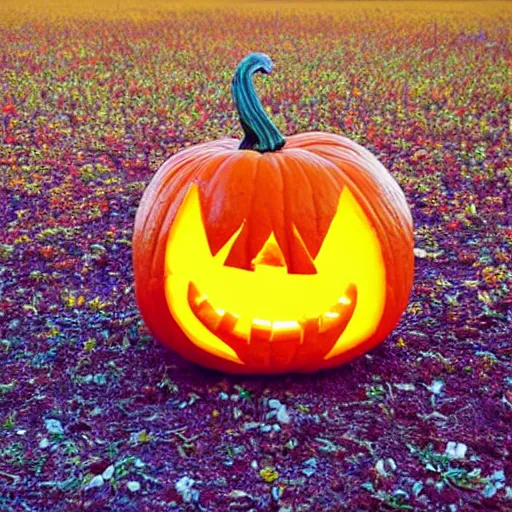 Prompt: and think also! think of a perfect field of color, unbelievably vivid perception. an image of a single jack-o'-lantern from up-close. the jack-o'-lantern man needs to go to bed. 16K.