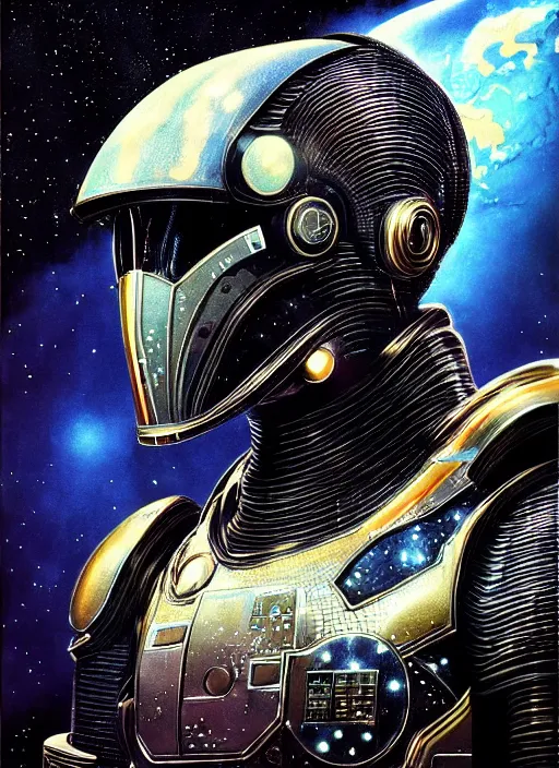 Image similar to handsome black man, cyber suit, character portrait, portrait, close up, concept art, intricate details, highly detailed, vintage sci - fi poster, retro future, vintage sci - fi art, in the style of chris foss, rodger dean, moebius, michael whelan, katsuhiro otomo, and gustave dore