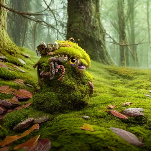 Image similar to a highly detailed digital painting of a tiny cute mossy forest creature by bobby chiu, trending on artstation, octane render, 4 k, unreal 5, macro photography, goro fujita