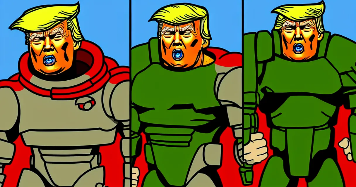 Prompt: donald trump as doomguy, lowe res style of first doom, superrealistic, cool style