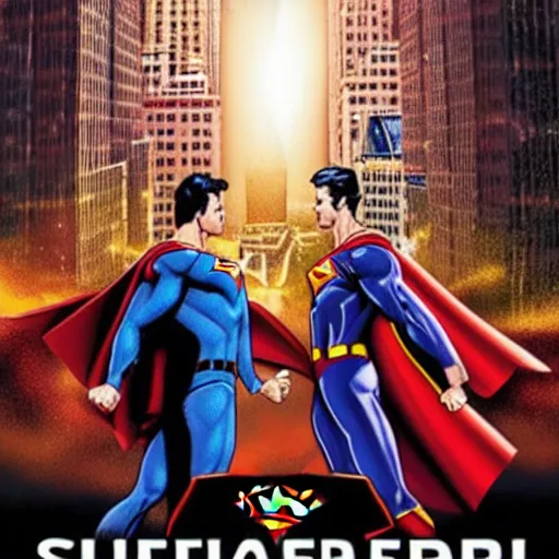 Prompt: superman vs thor infront of the empire state building. new movie poster