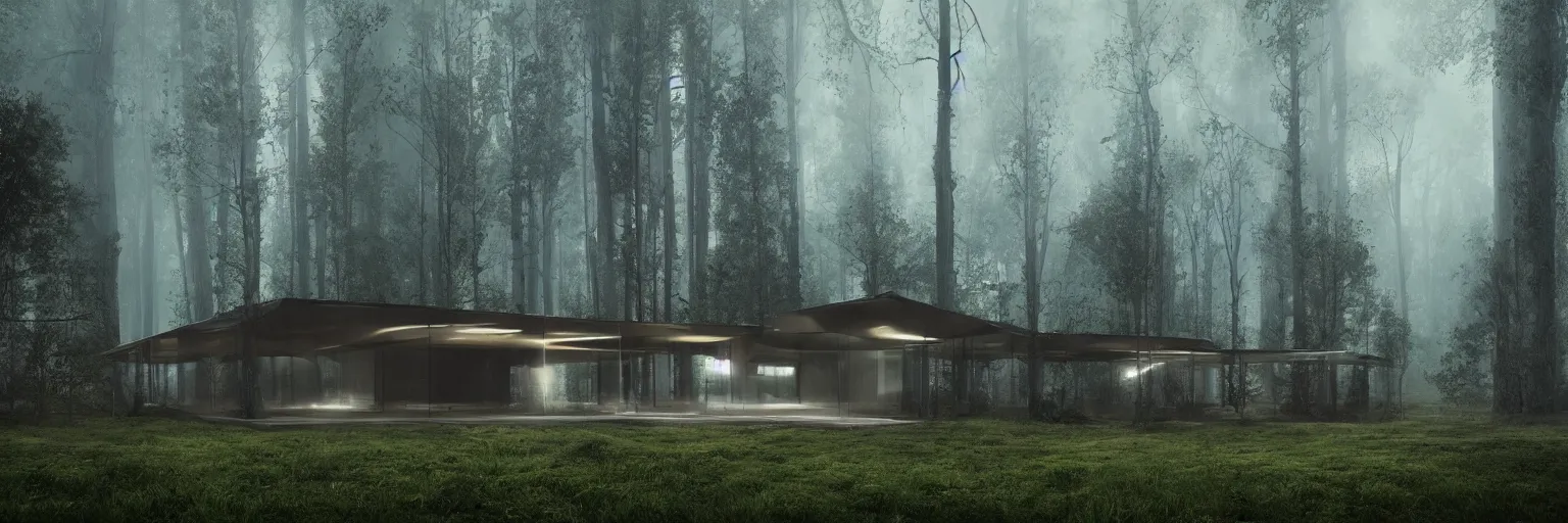 Image similar to A modern house built around a spine-like infrastructure with prefabricated, replaceable cell-like parts arises deep in the forest. Mist. Atmospheric. Wide shot. Matte painting in the style of Ash Thorp and Sparth