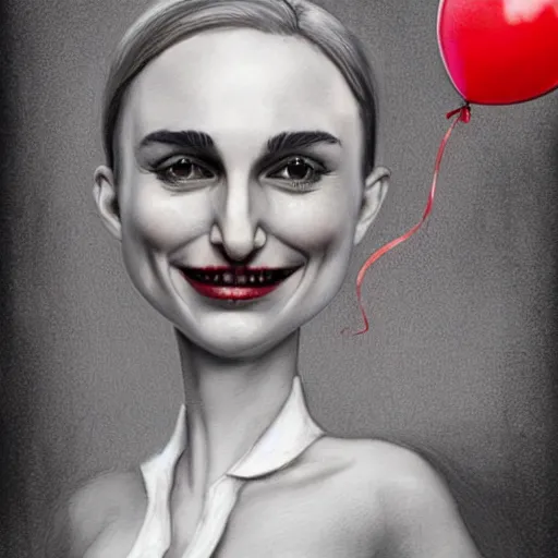 Image similar to surrealism grunge cartoon portrait sketch of natalie portman with a wide smile and a red balloon by - michael karcz, loony toons style, freddy krueger style, horror theme, detailed, elegant, intricate