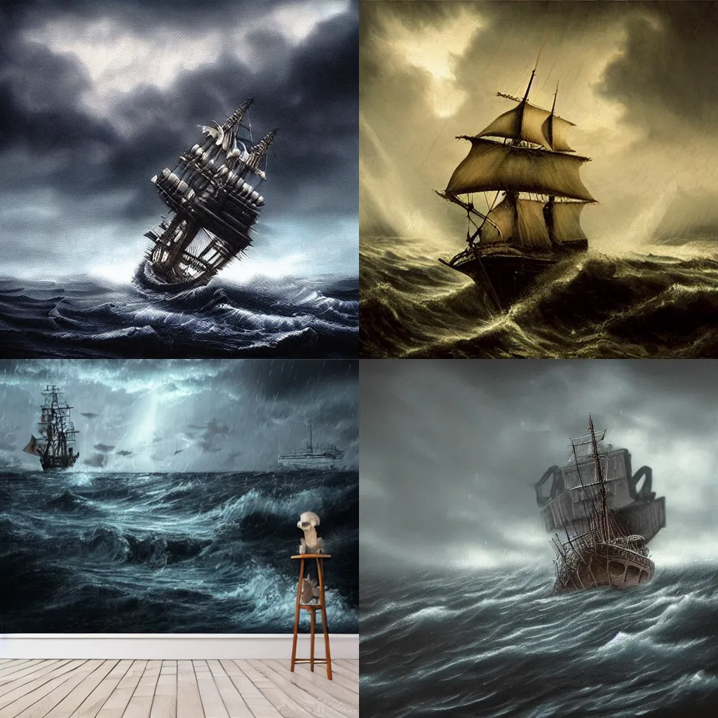 Prompt: skeletons on a ship during thunderstorm on a turbulent sea, high detail!!!, hyperrealistic, mysterious, dark colors, dark background